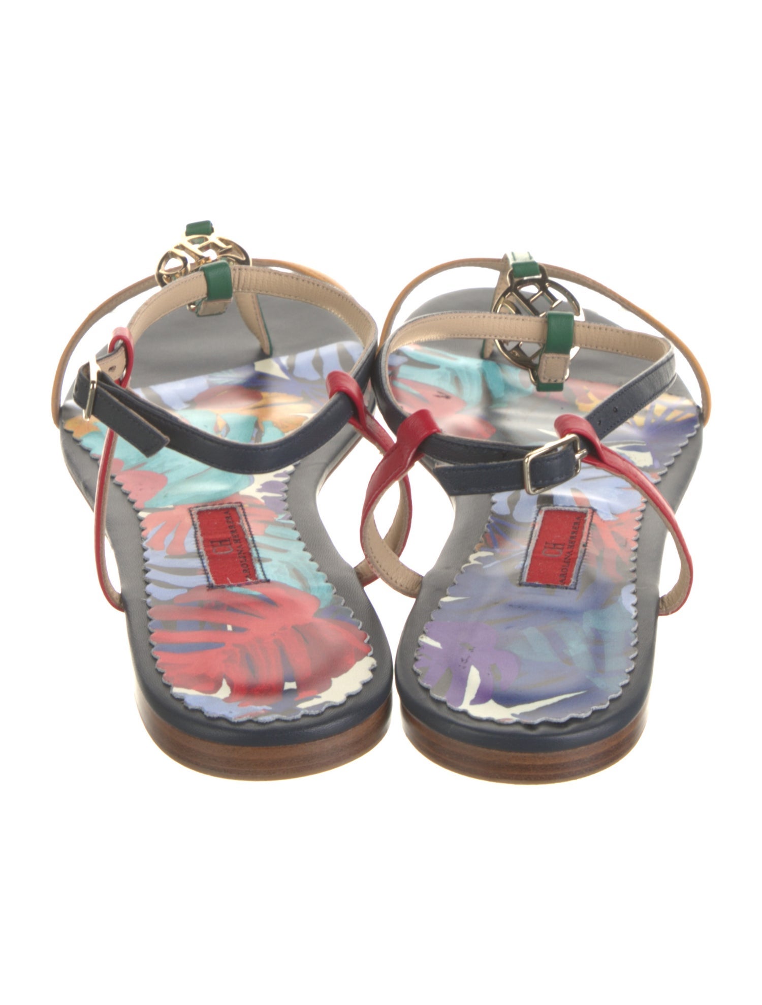 CH Carolina Herrera Leather Printed T-Strap Sandals